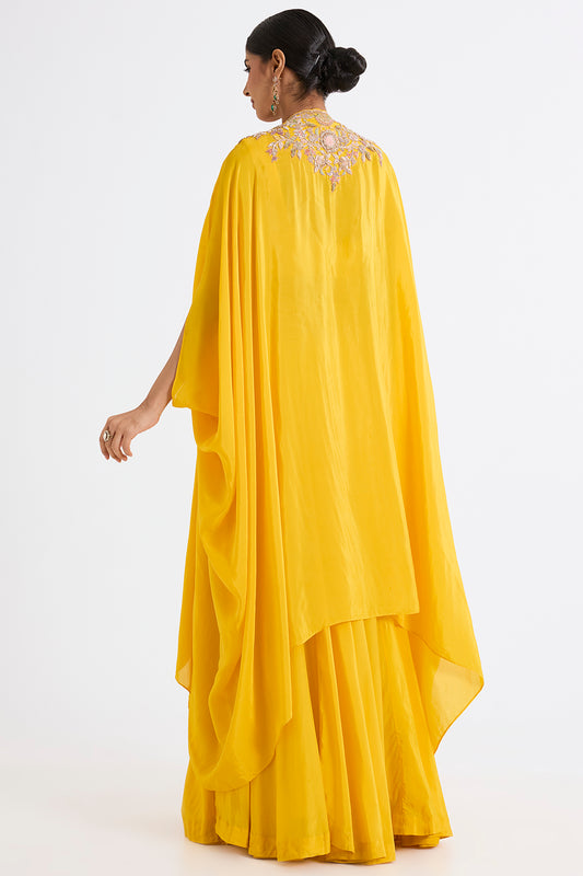 yellow habutai silk embroidered cape lehenga set