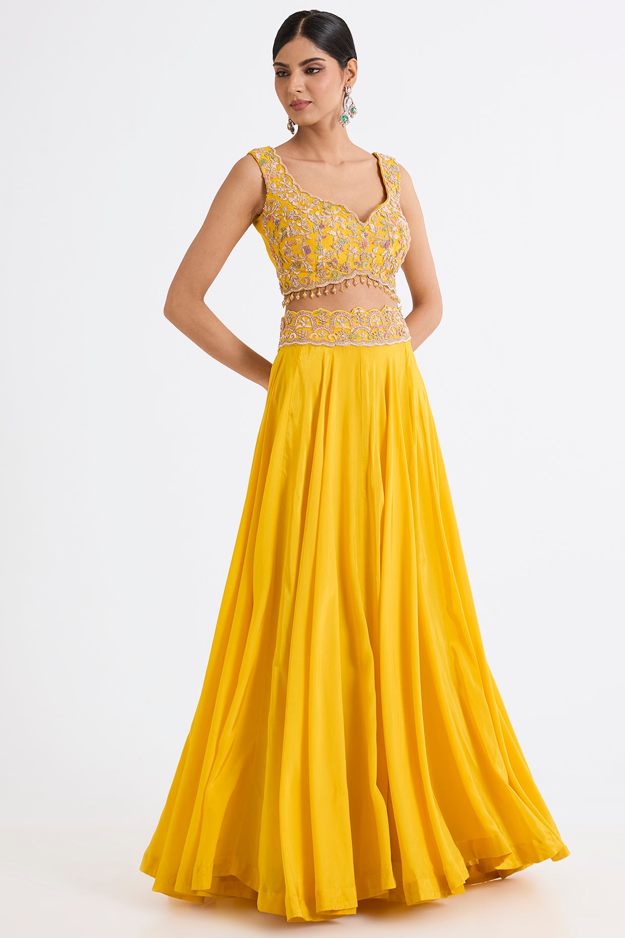 yellow habutai silk embroidered cape lehenga set
