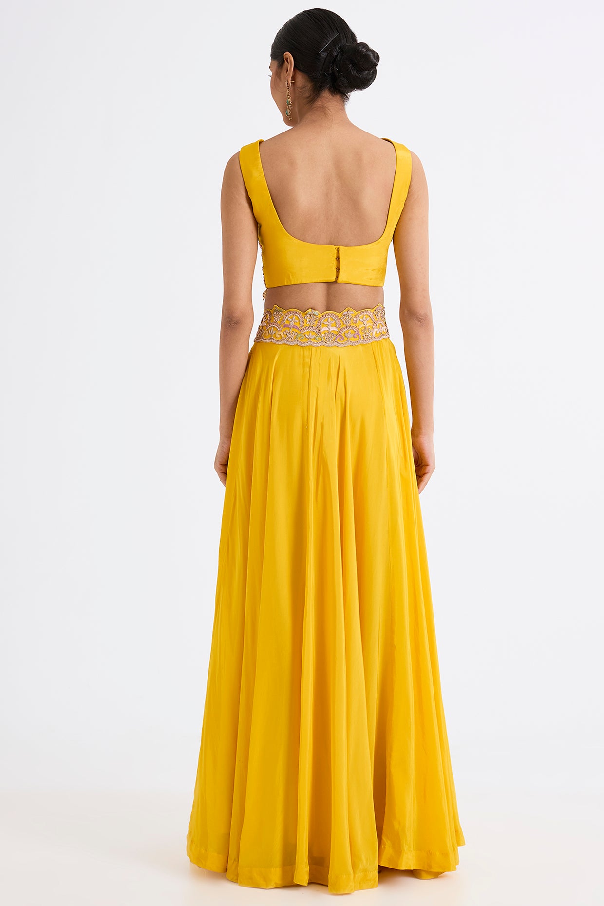 yellow habutai silk embroidered cape lehenga set