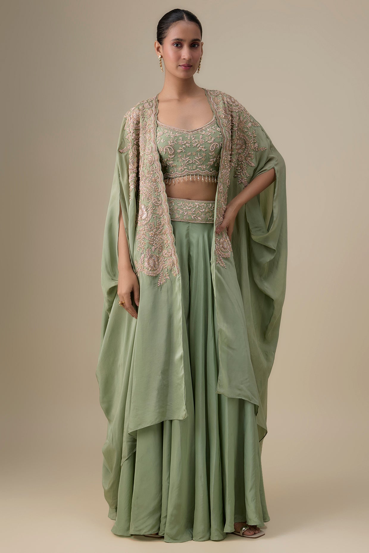 olive green habutai silk aari & zardosi embroidered sharara set