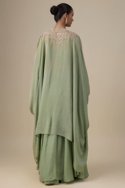 olive green habutai silk aari & zardosi embroidered sharara set