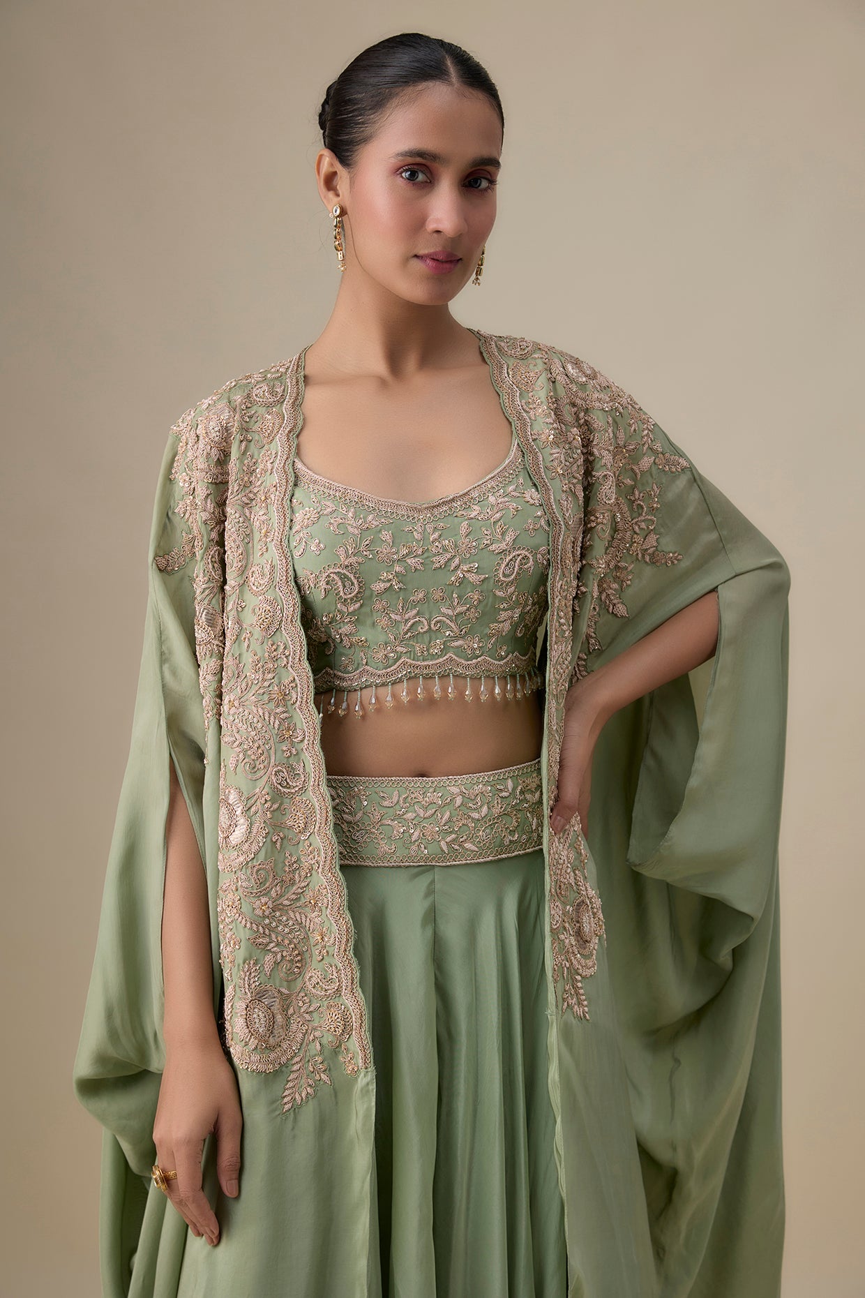 olive green habutai silk aari & zardosi embroidered sharara set
