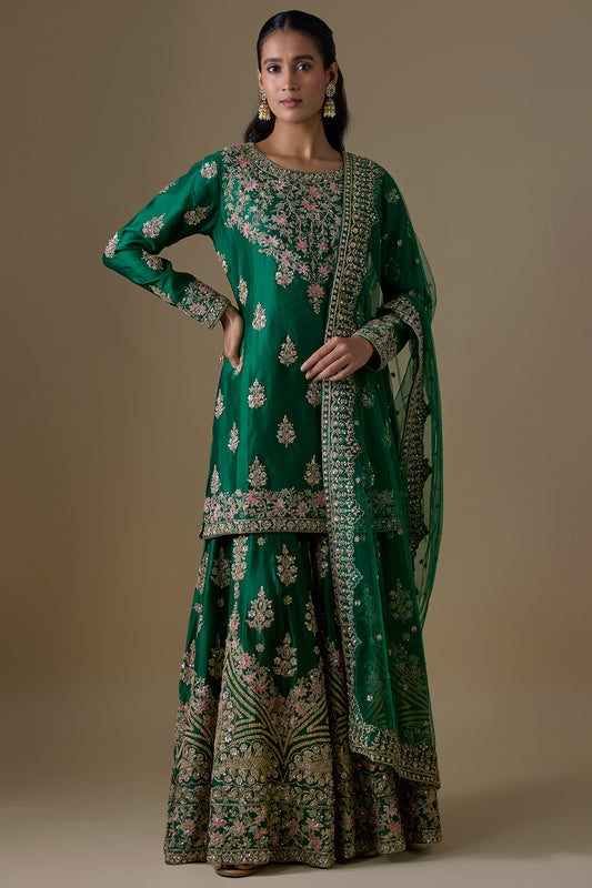 green chanderi silk zardosi embroidered sharara set