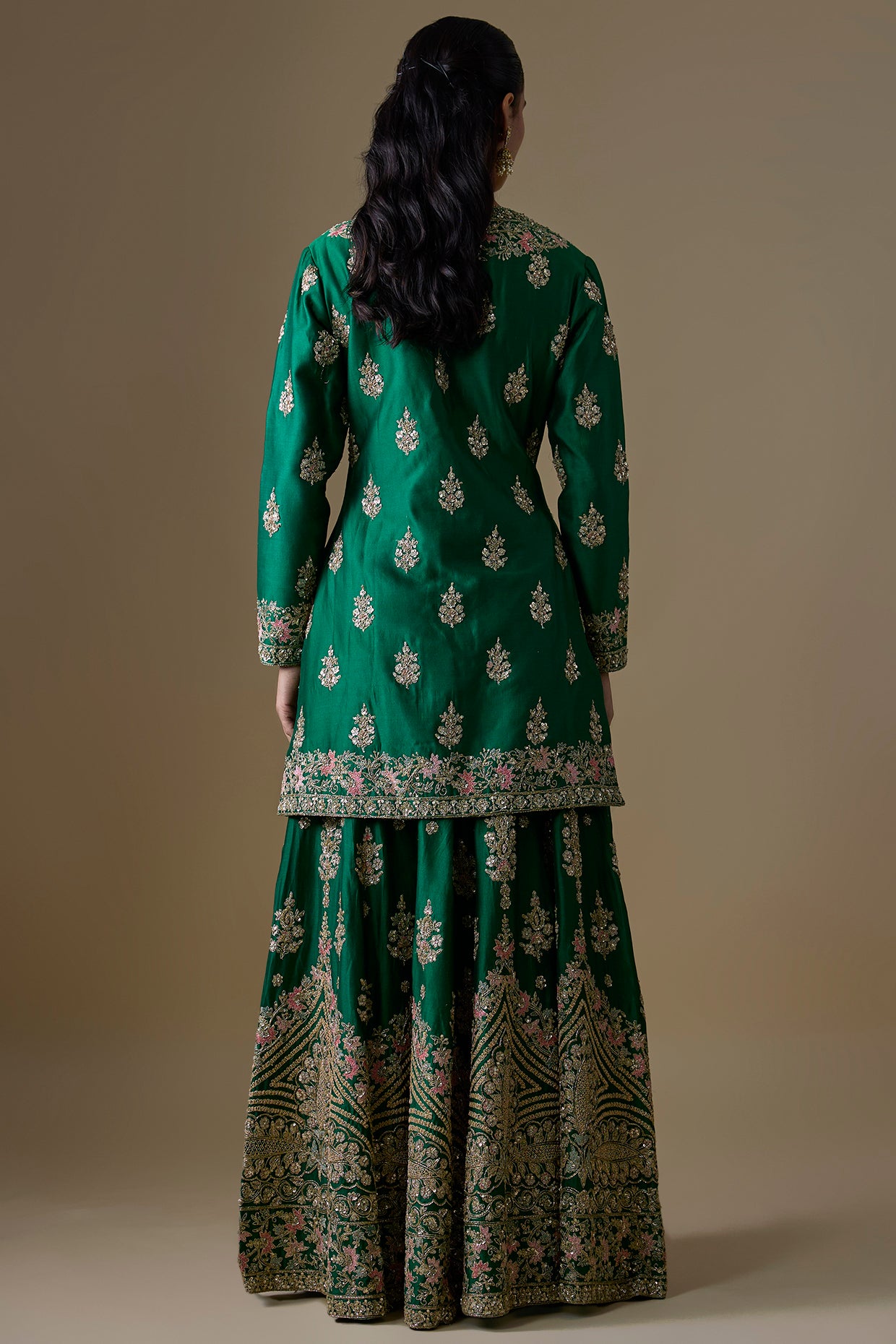 green chanderi silk zardosi embroidered sharara set