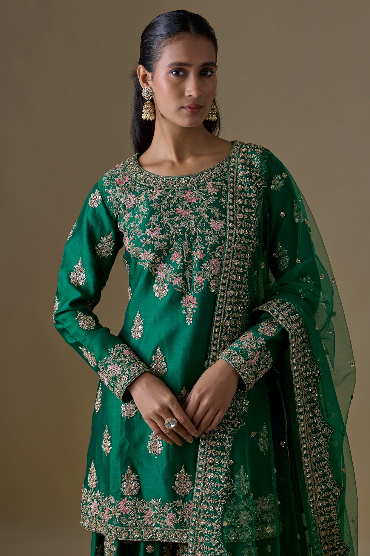 green chanderi silk zardosi embroidered sharara set