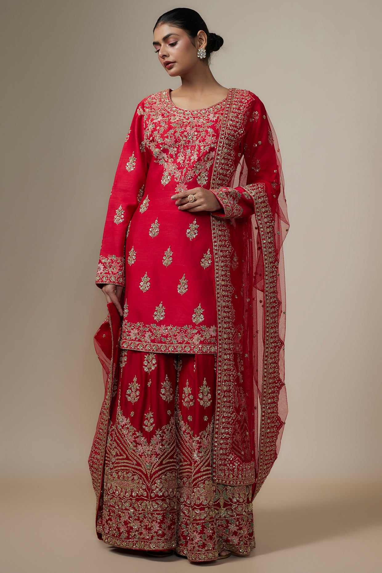 red chanderi silk aari & zardosi embroidered sharara set