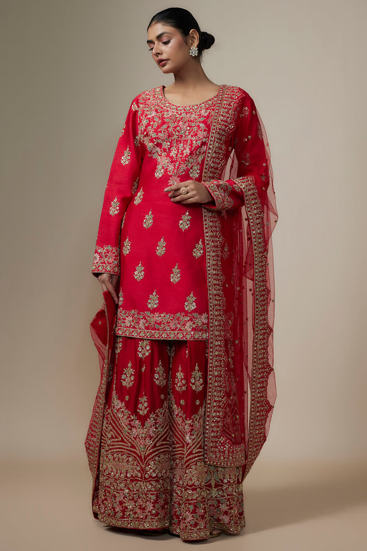 red chanderi silk aari & zardosi embroidered sharara set