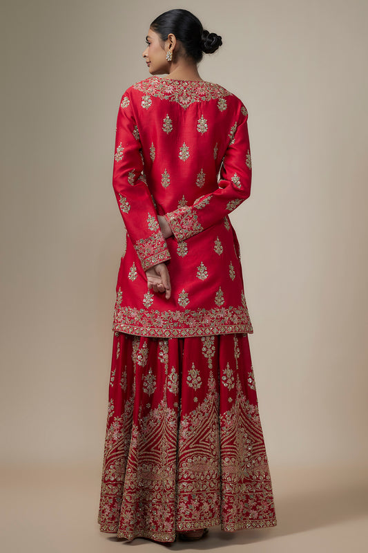 red chanderi silk aari & zardosi embroidered sharara set
