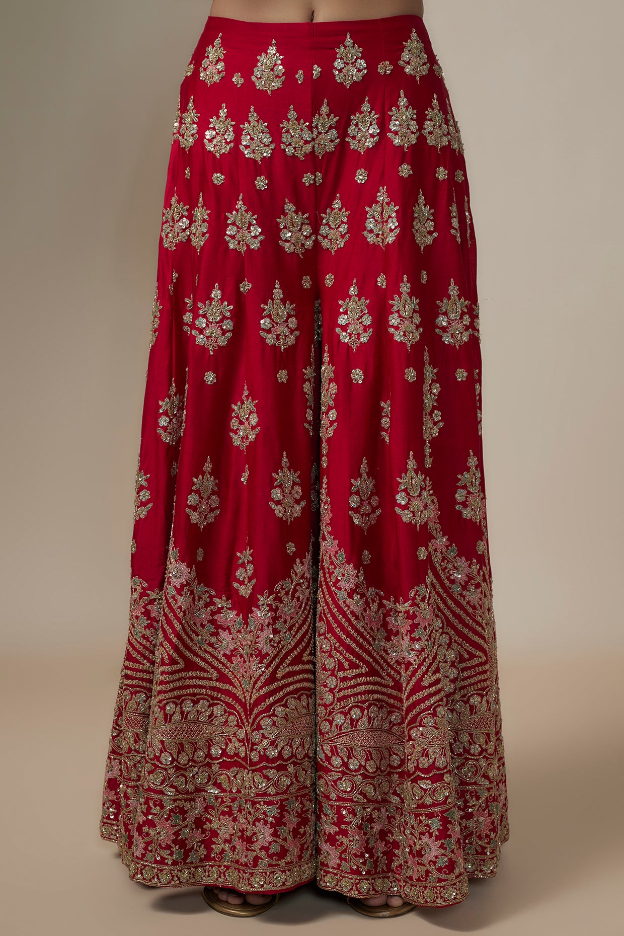 red chanderi silk aari & zardosi embroidered sharara set