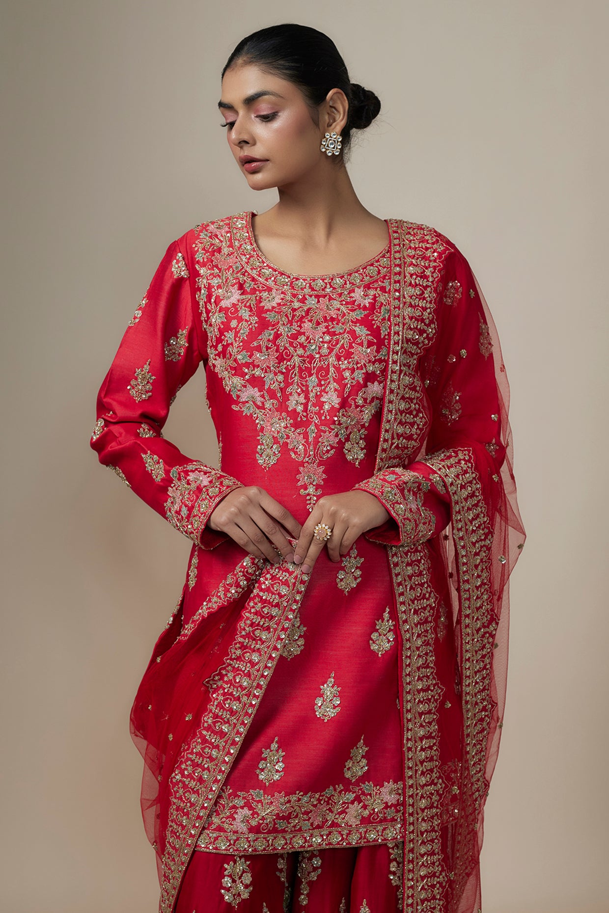 red chanderi silk aari & zardosi embroidered sharara set