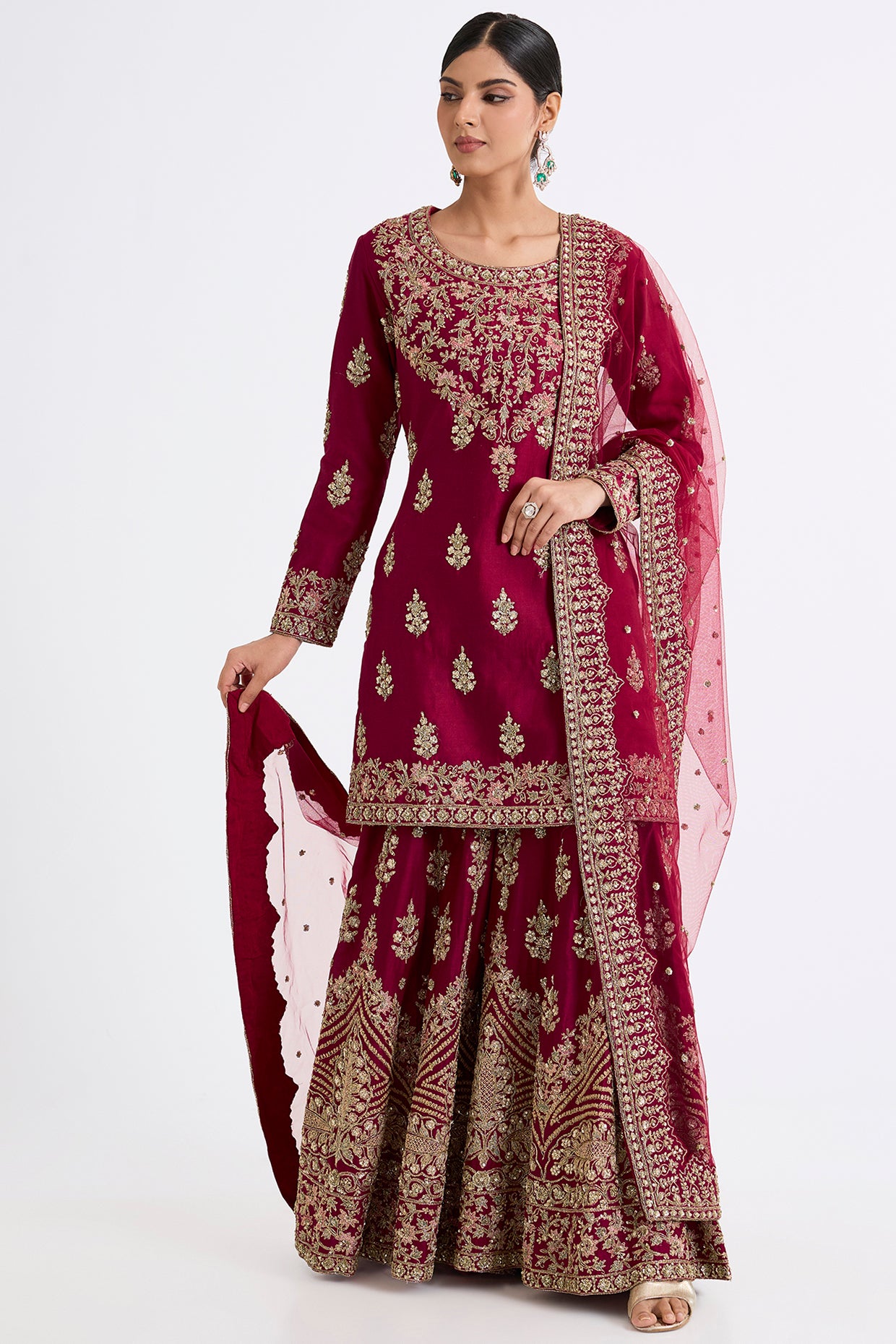 wine chanderi silk zardosi embroidered sharara set