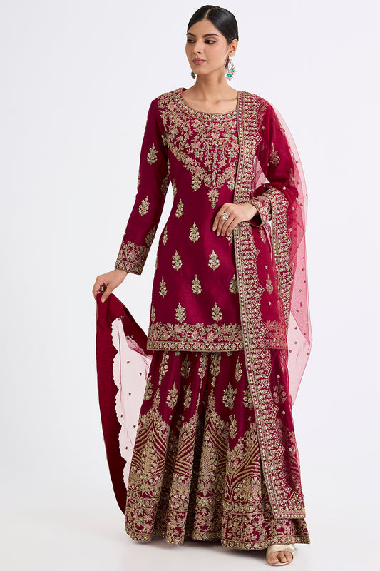 wine chanderi silk zardosi embroidered sharara set