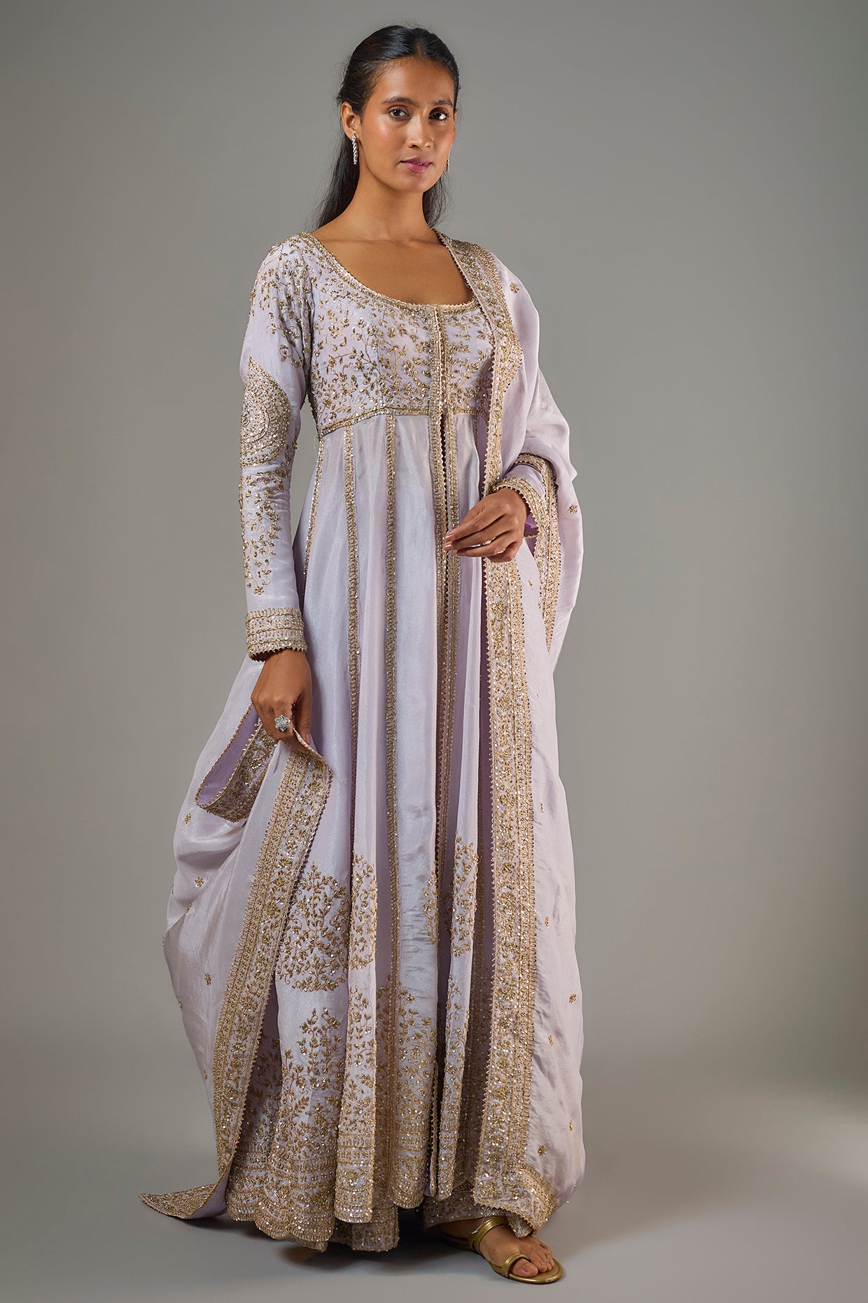 onion pink tissue hand & machine embroidered anarkali set