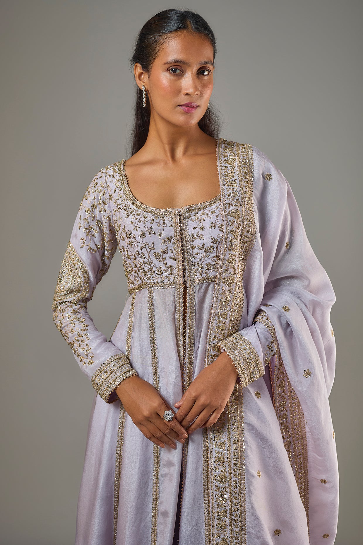 onion pink tissue hand & machine embroidered anarkali set