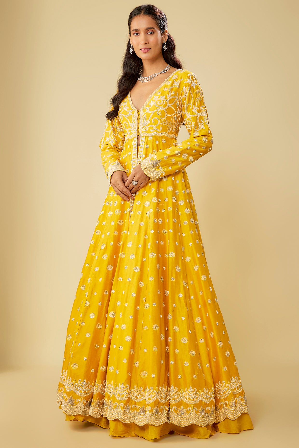 mustard chanderi jacket lehenga set