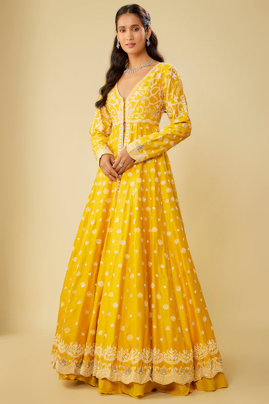 mustard chanderi jacket lehenga set