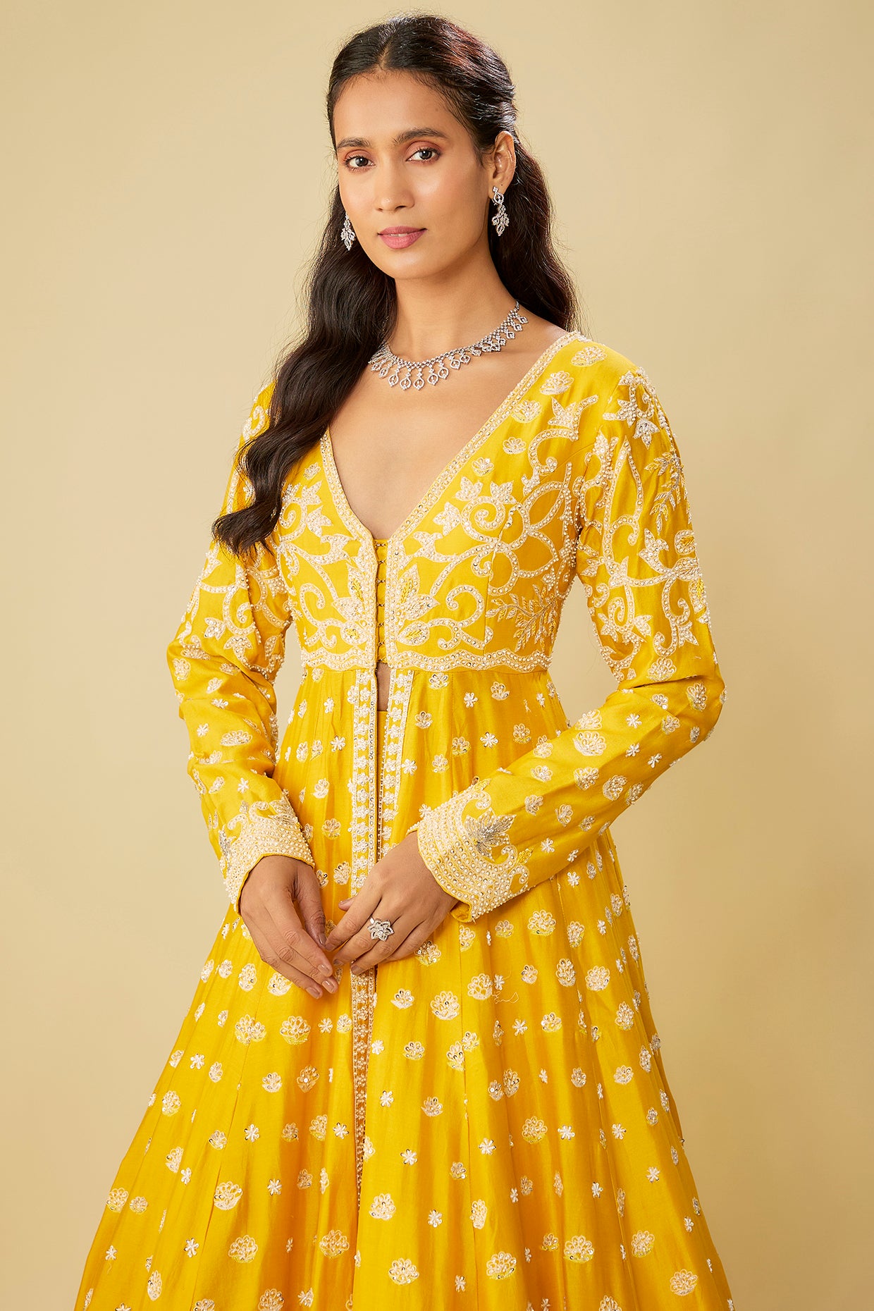 mustard chanderi jacket lehenga set