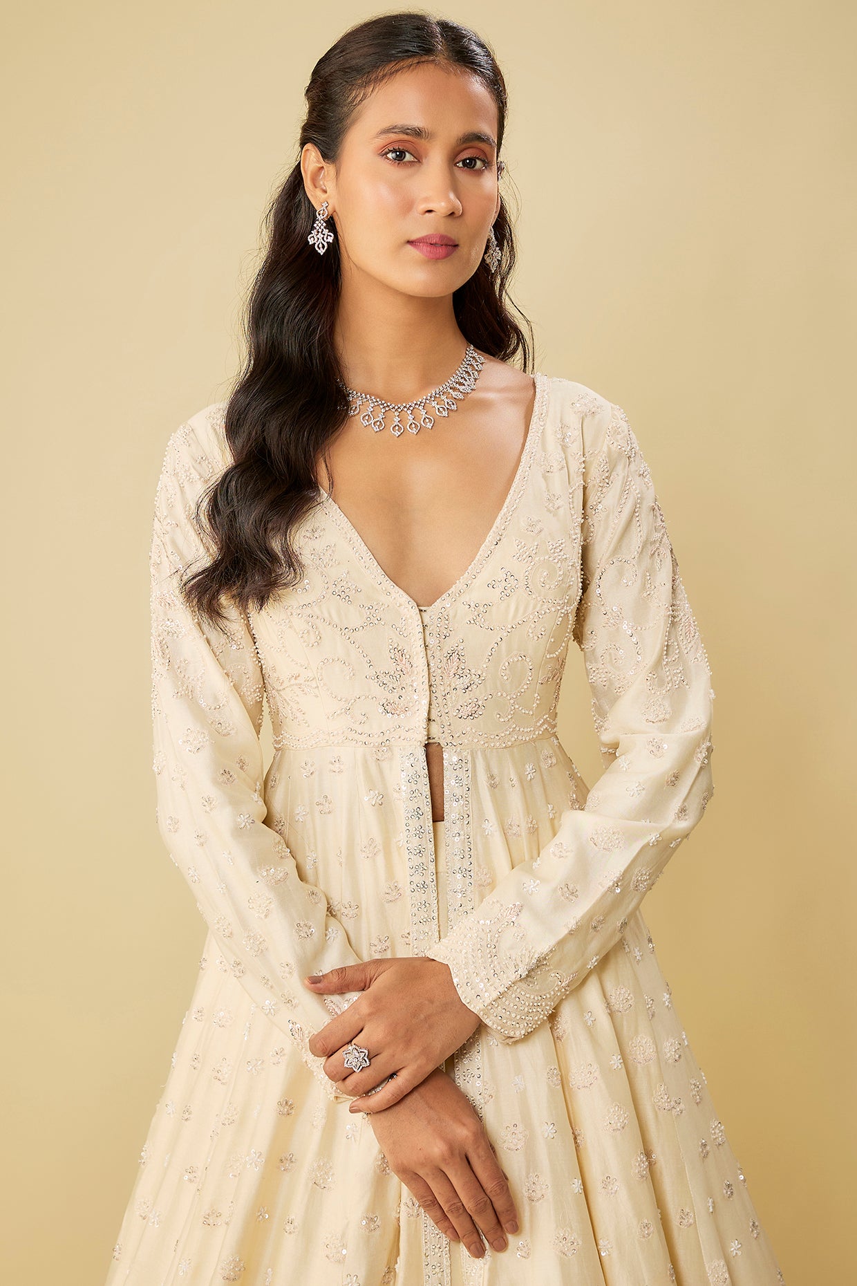 ivory chanderi jacket lehenga set
