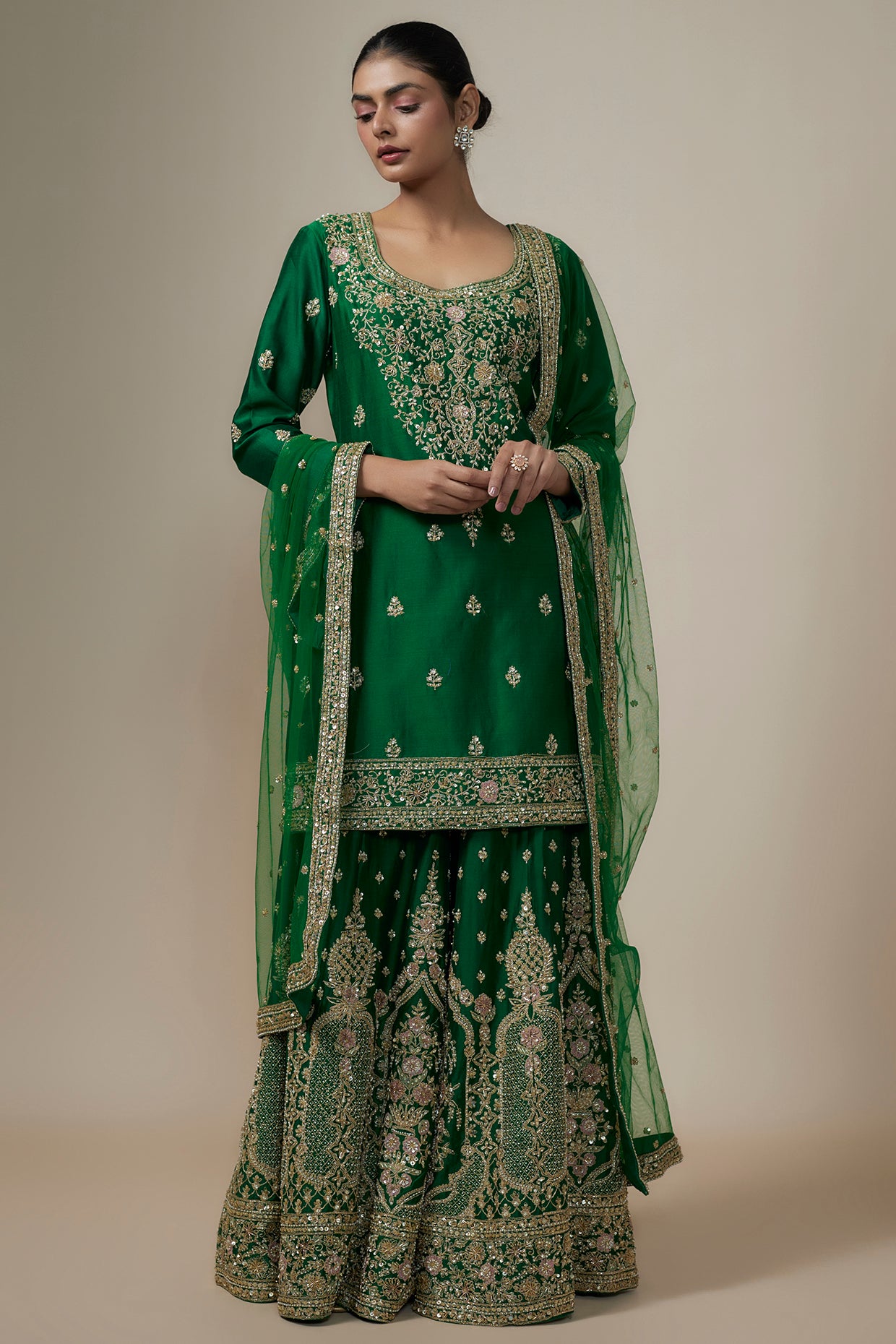 bottle green chanderi silk aari & zardosi embroidered sharara set