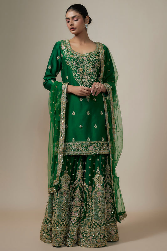 bottle green chanderi silk aari & zardosi embroidered sharara set