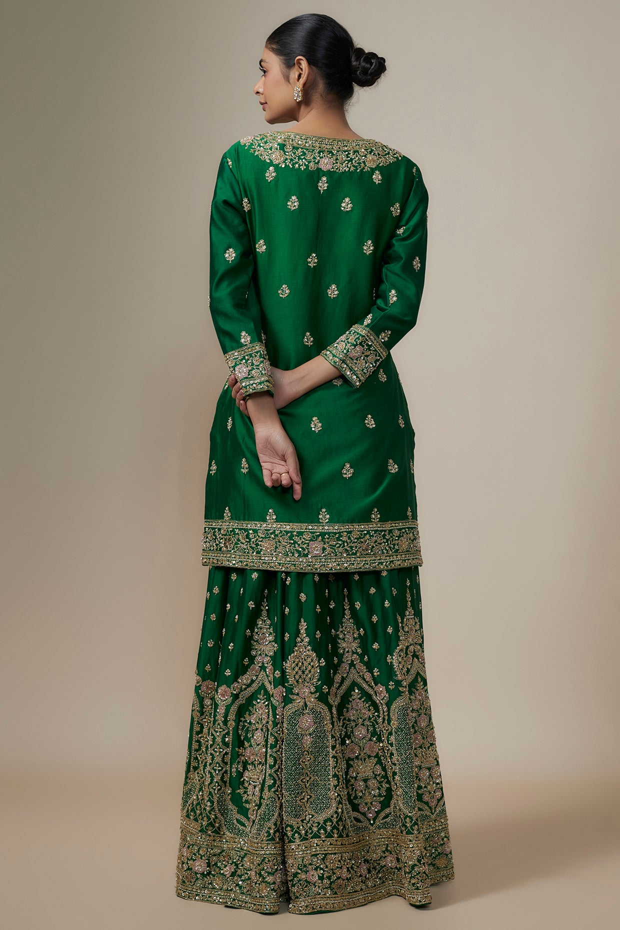 bottle green chanderi silk aari & zardosi embroidered sharara set