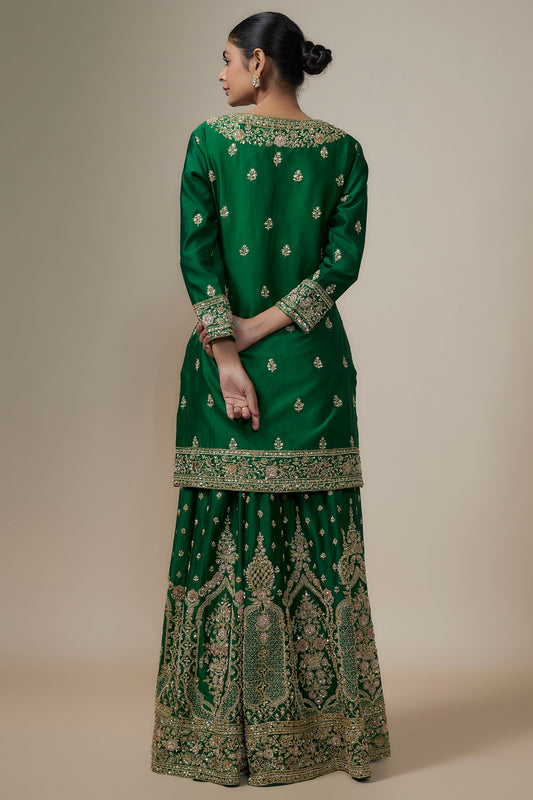 bottle green chanderi silk aari & zardosi embroidered sharara set