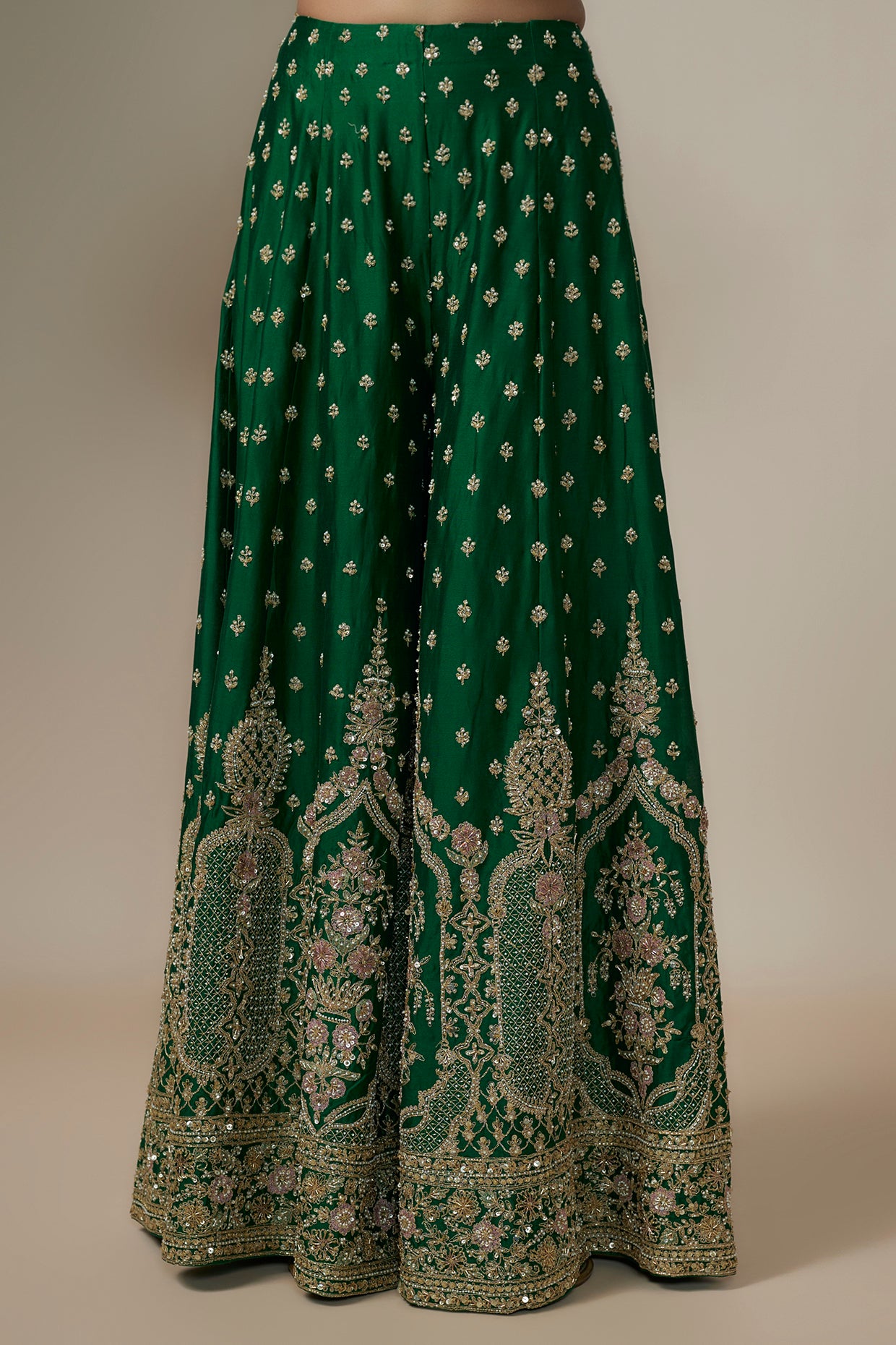 bottle green chanderi silk aari & zardosi embroidered sharara set