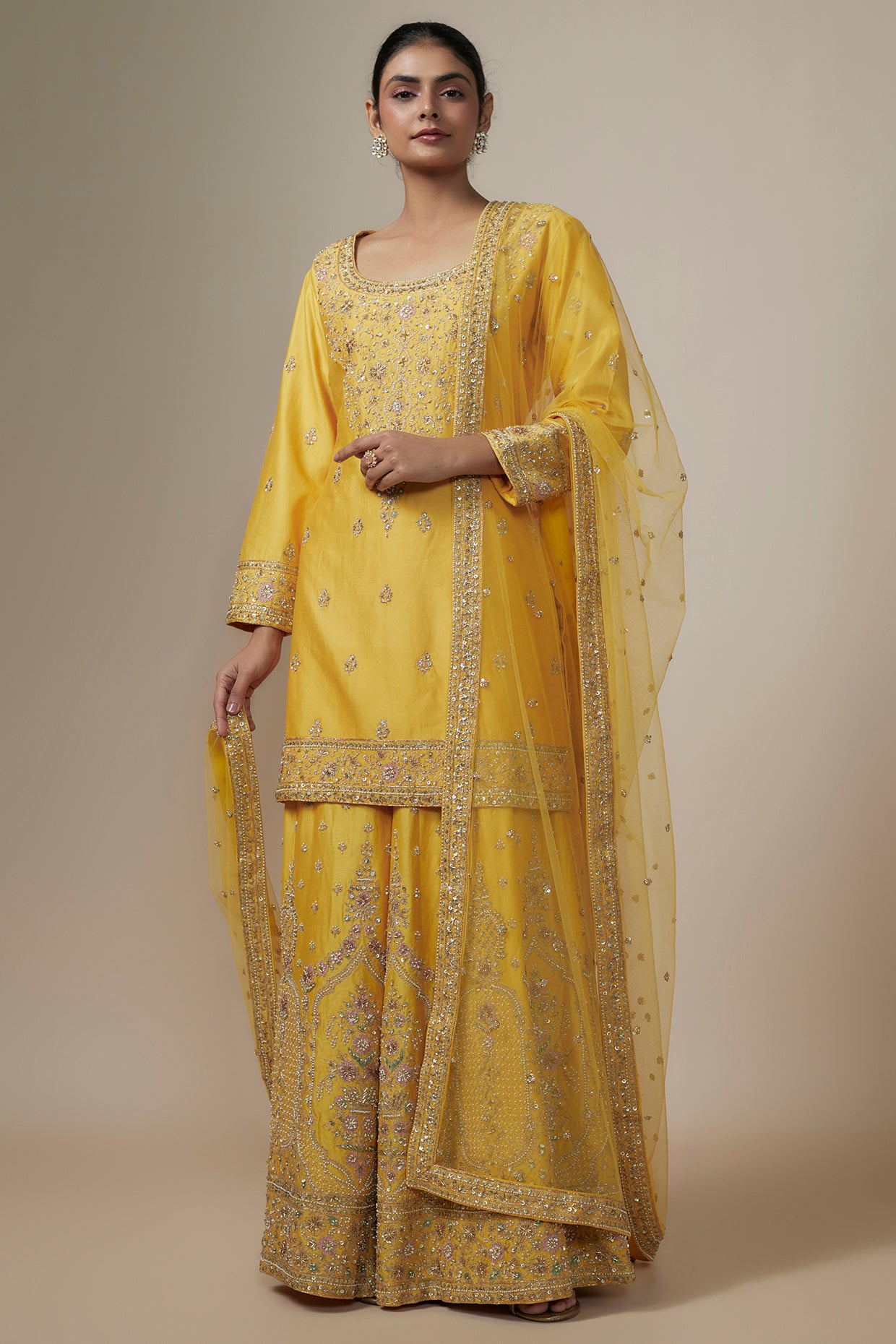 mustard chanderi silk aari & zardosi embroidered sharara set