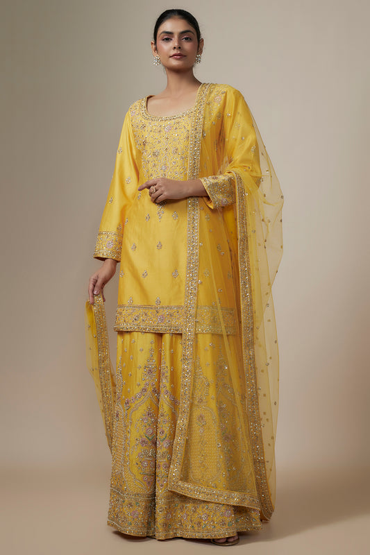 mustard chanderi silk aari & zardosi embroidered sharara set