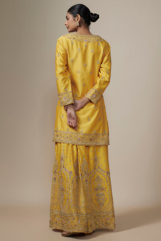 mustard chanderi silk aari & zardosi embroidered sharara set