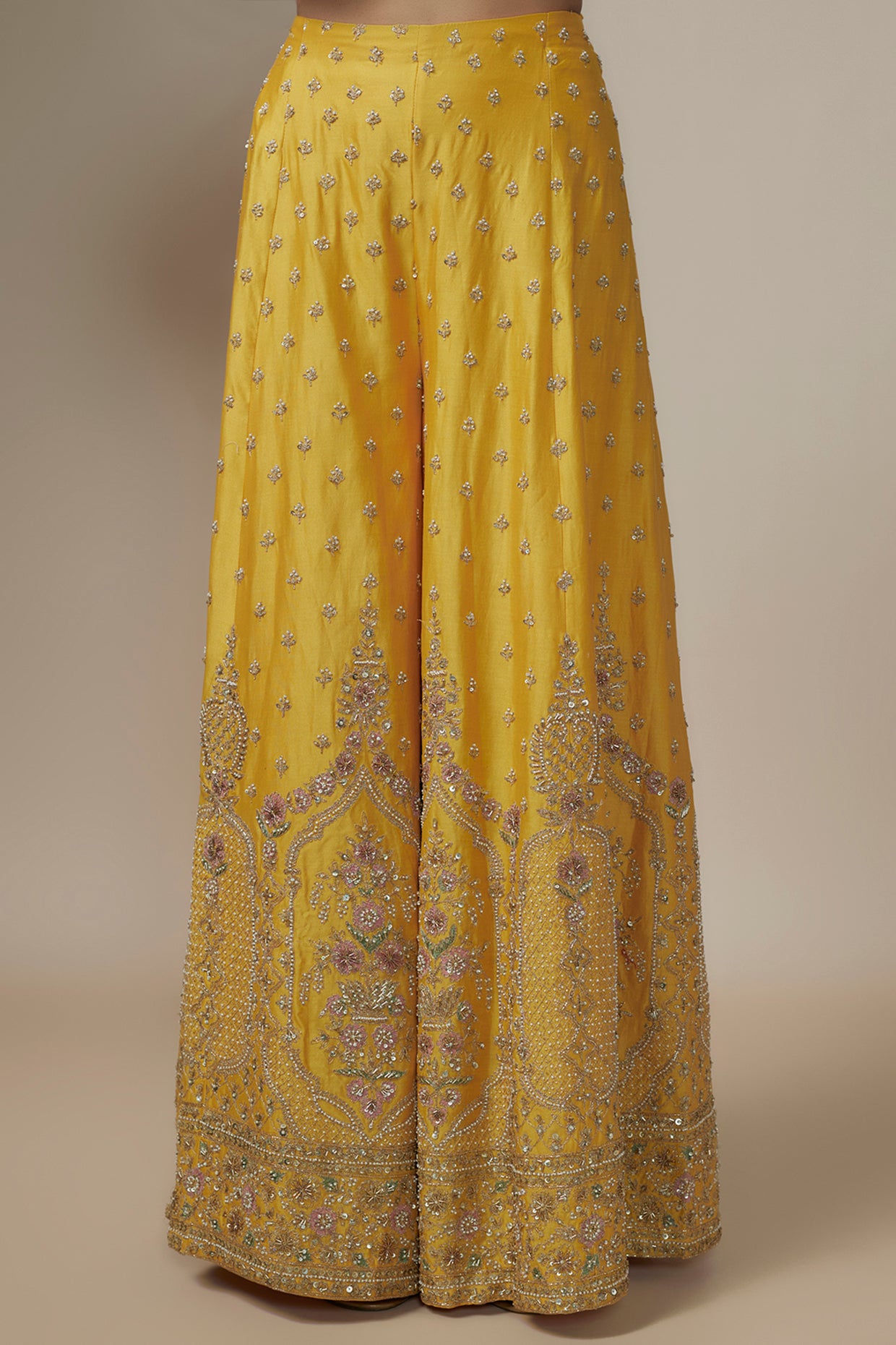 mustard chanderi silk aari & zardosi embroidered sharara set