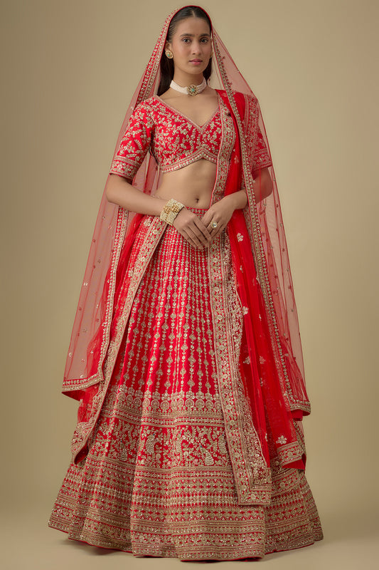 red raw silk zardosi embroidered lehenga set