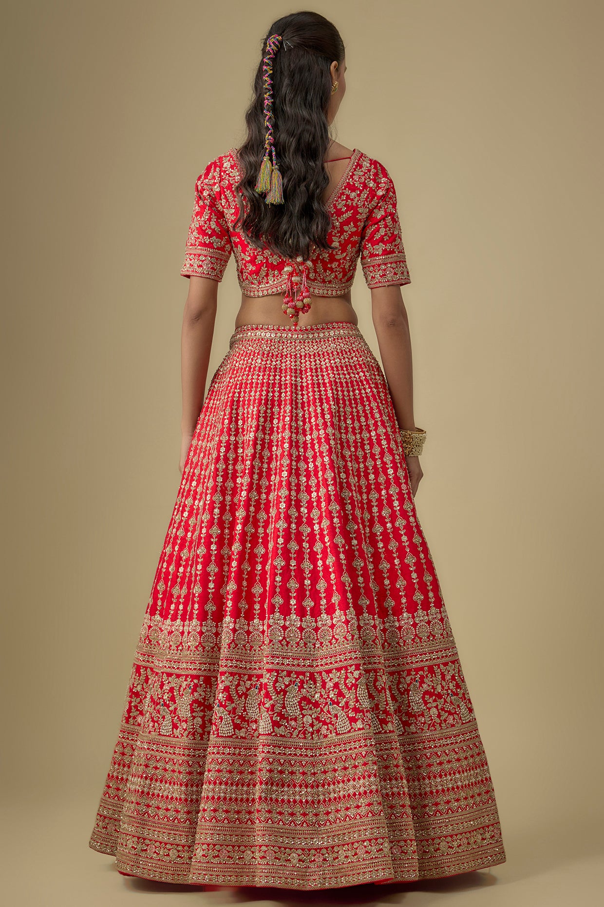 red raw silk zardosi embroidered lehenga set