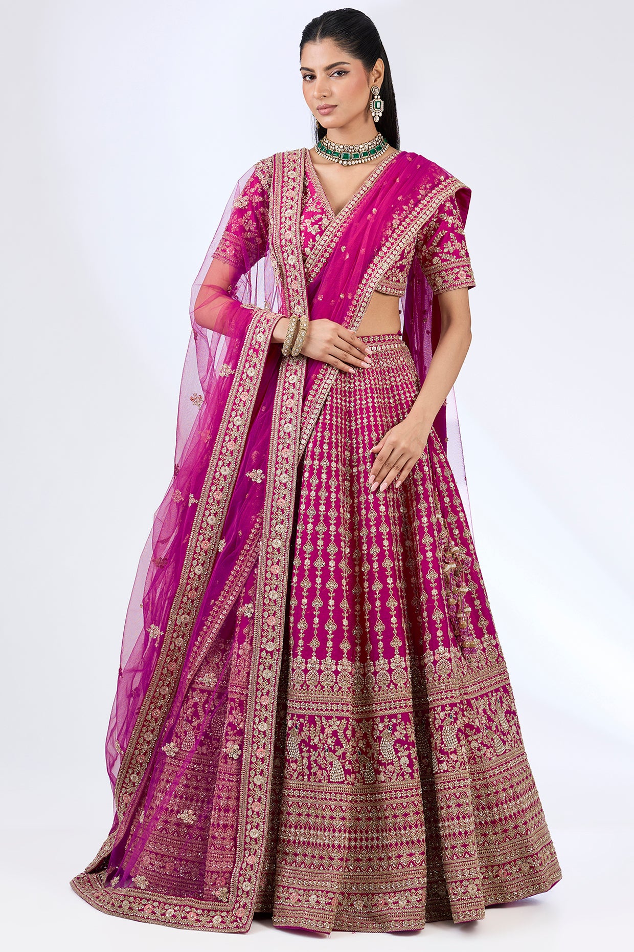 rani pink raw silk zardosi embellished lehenga set