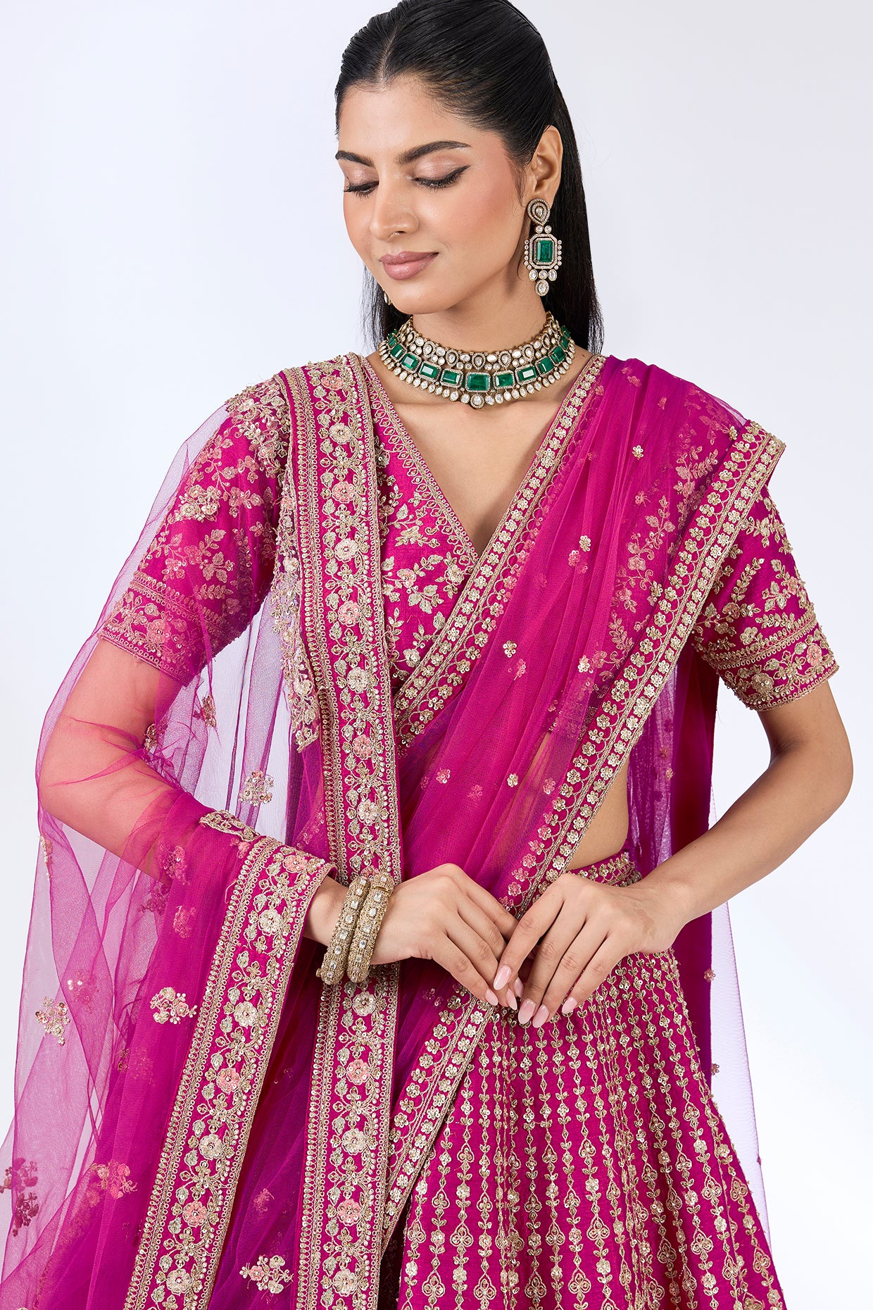 rani pink raw silk zardosi embellished lehenga set