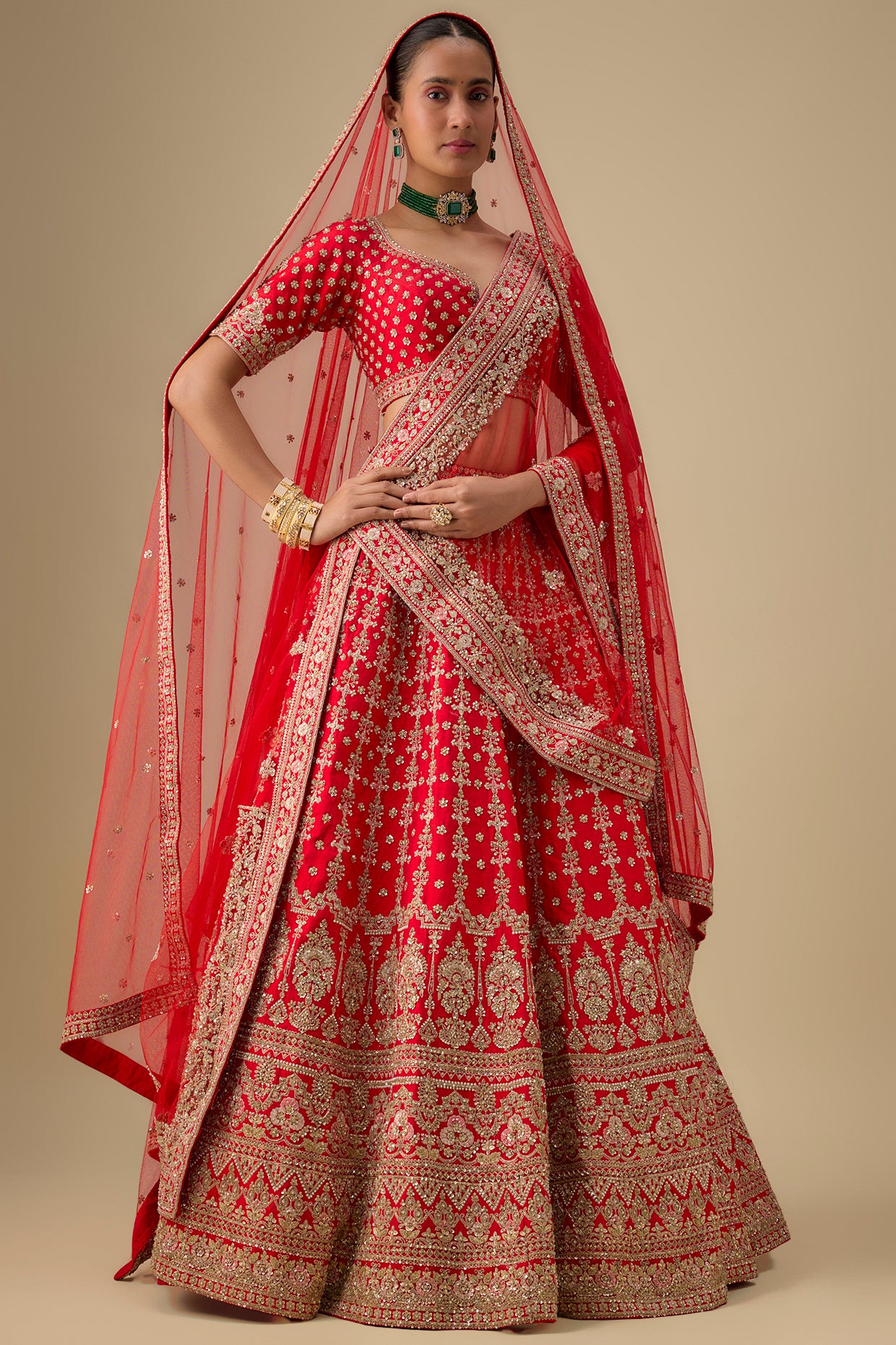 red raw silk zardosi embroidered lehenga set