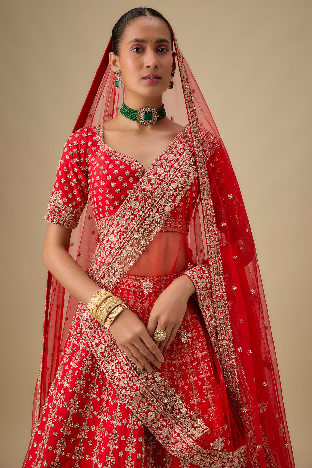 red raw silk zardosi embroidered lehenga set