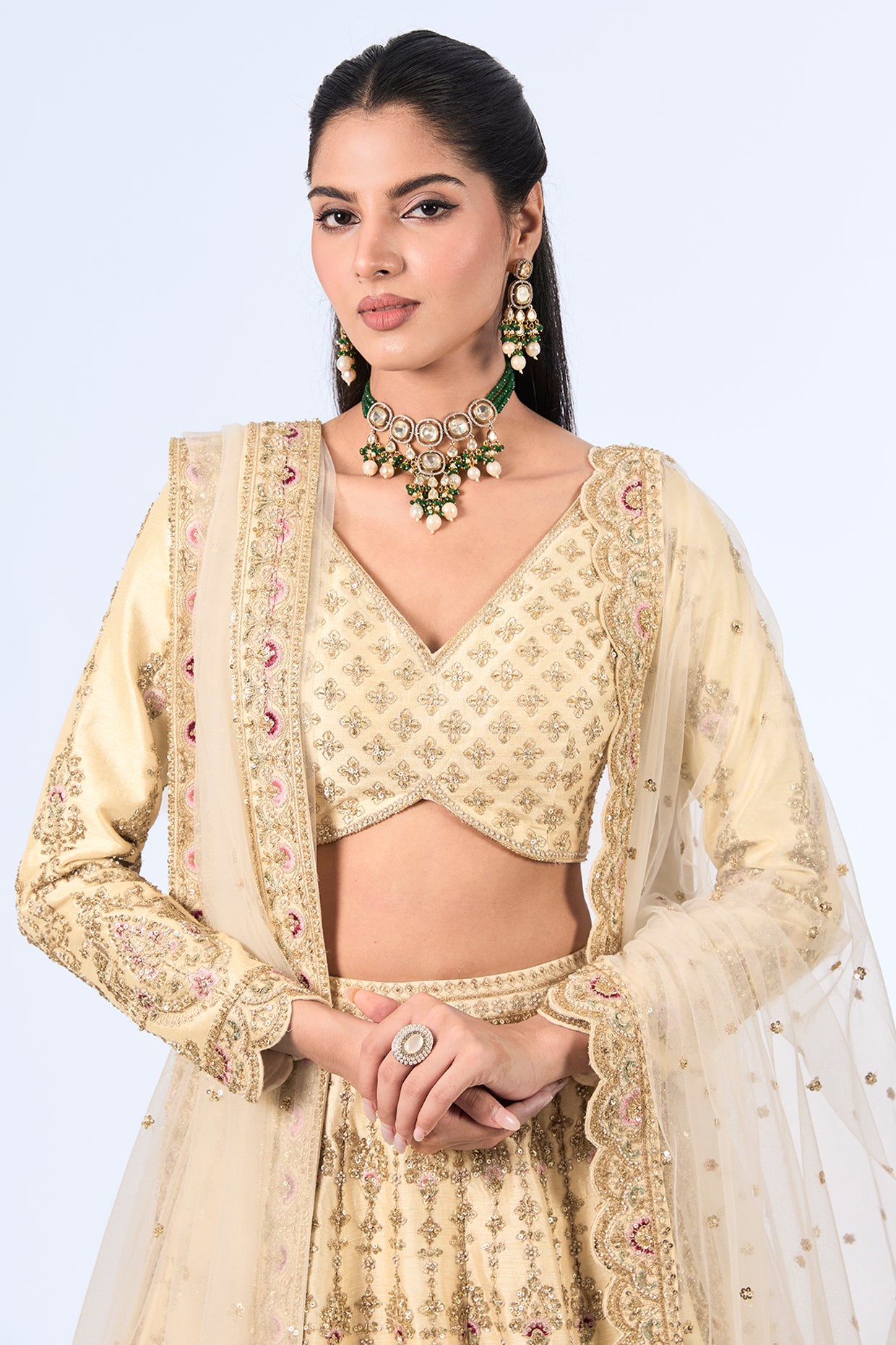 ivory raw silk zardosi hand embroidered lehenga set