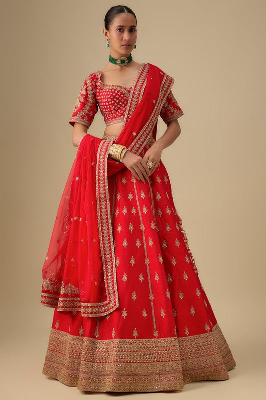 red raw silk zardosi embroidered lehenga set