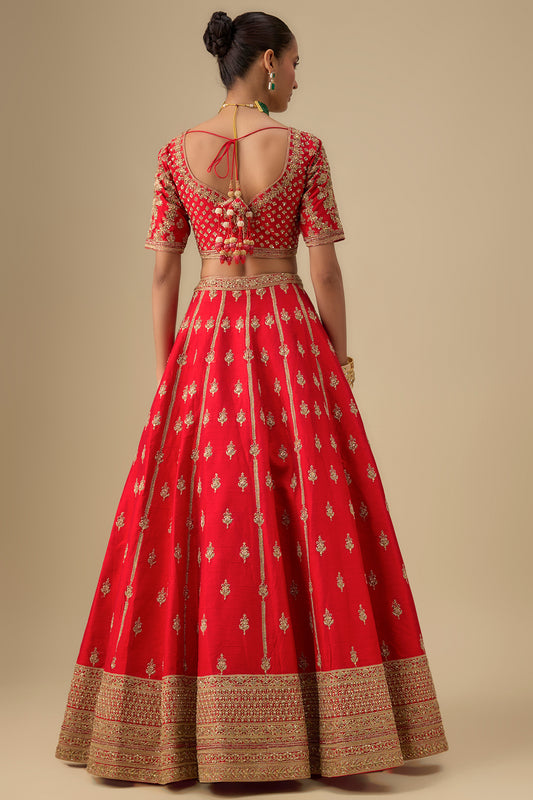 red raw silk zardosi embroidered lehenga set