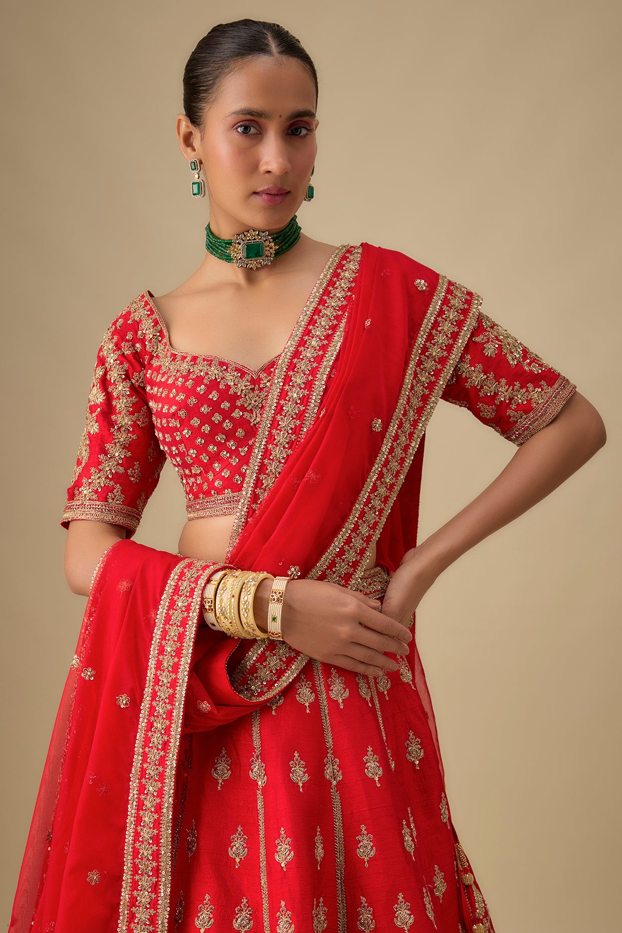 red raw silk zardosi embroidered lehenga set