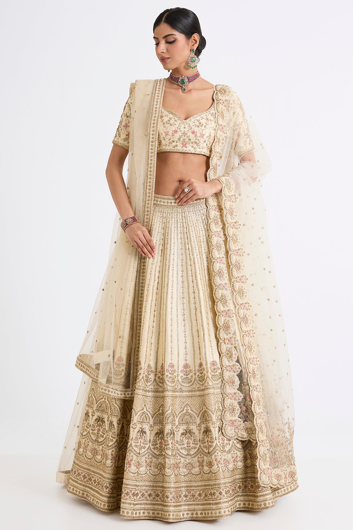 ivory raw silk zari hand & machine embroidered lehenga set