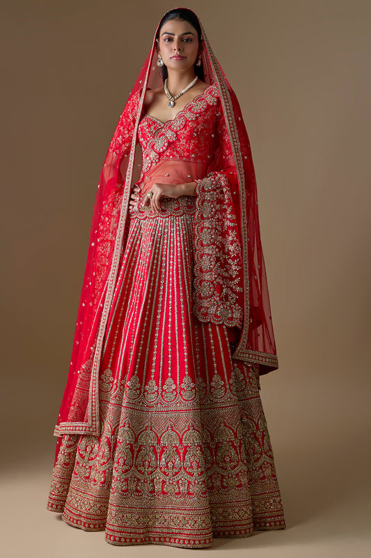 red raw silk zardosi hand embroidered lehenga set