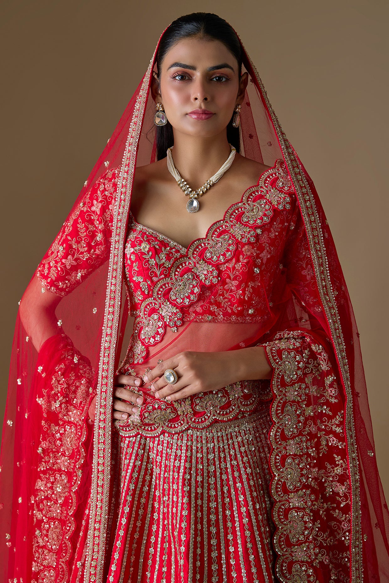 red raw silk zardosi hand embroidered lehenga set