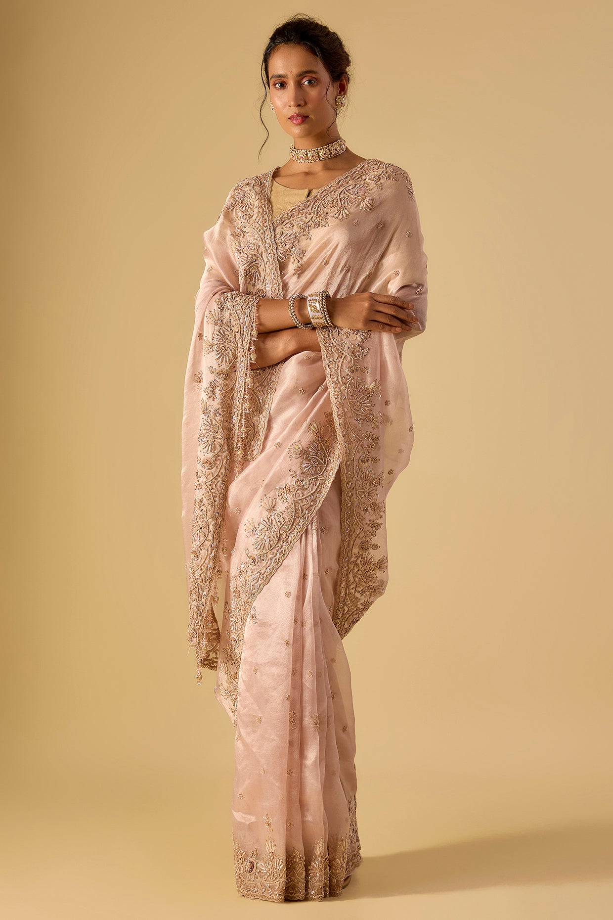 pink tissue hand & machine embroidered saree set