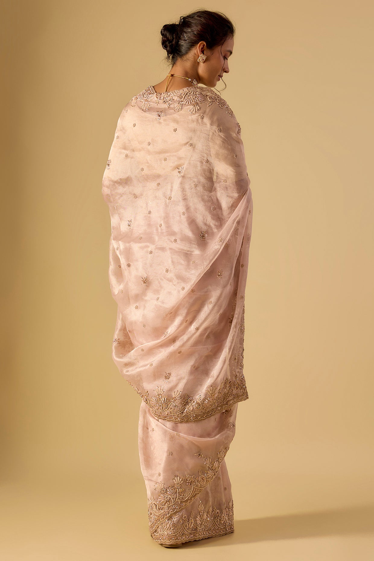 pink tissue hand & machine embroidered saree set