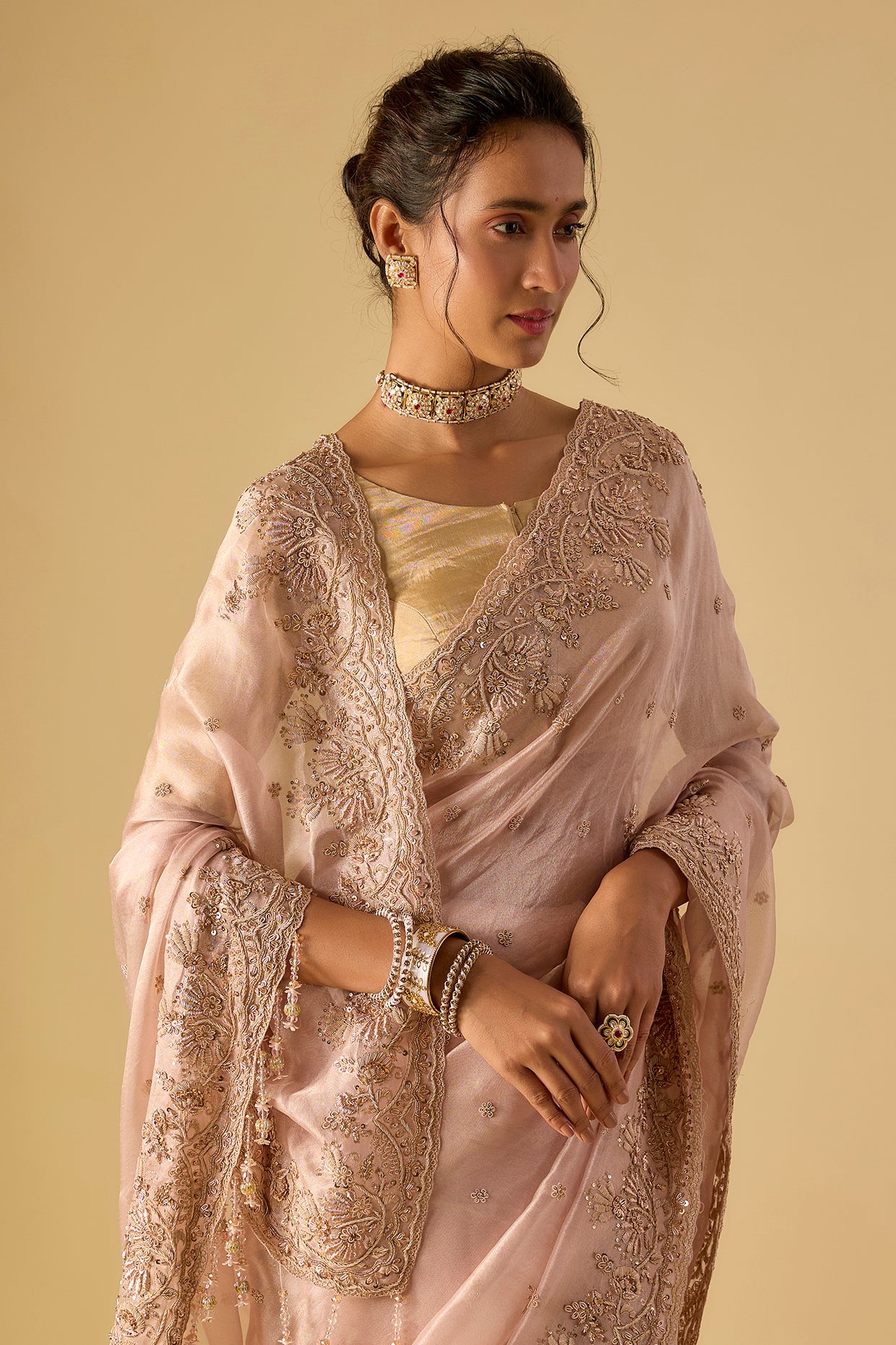 pink tissue hand & machine embroidered saree set