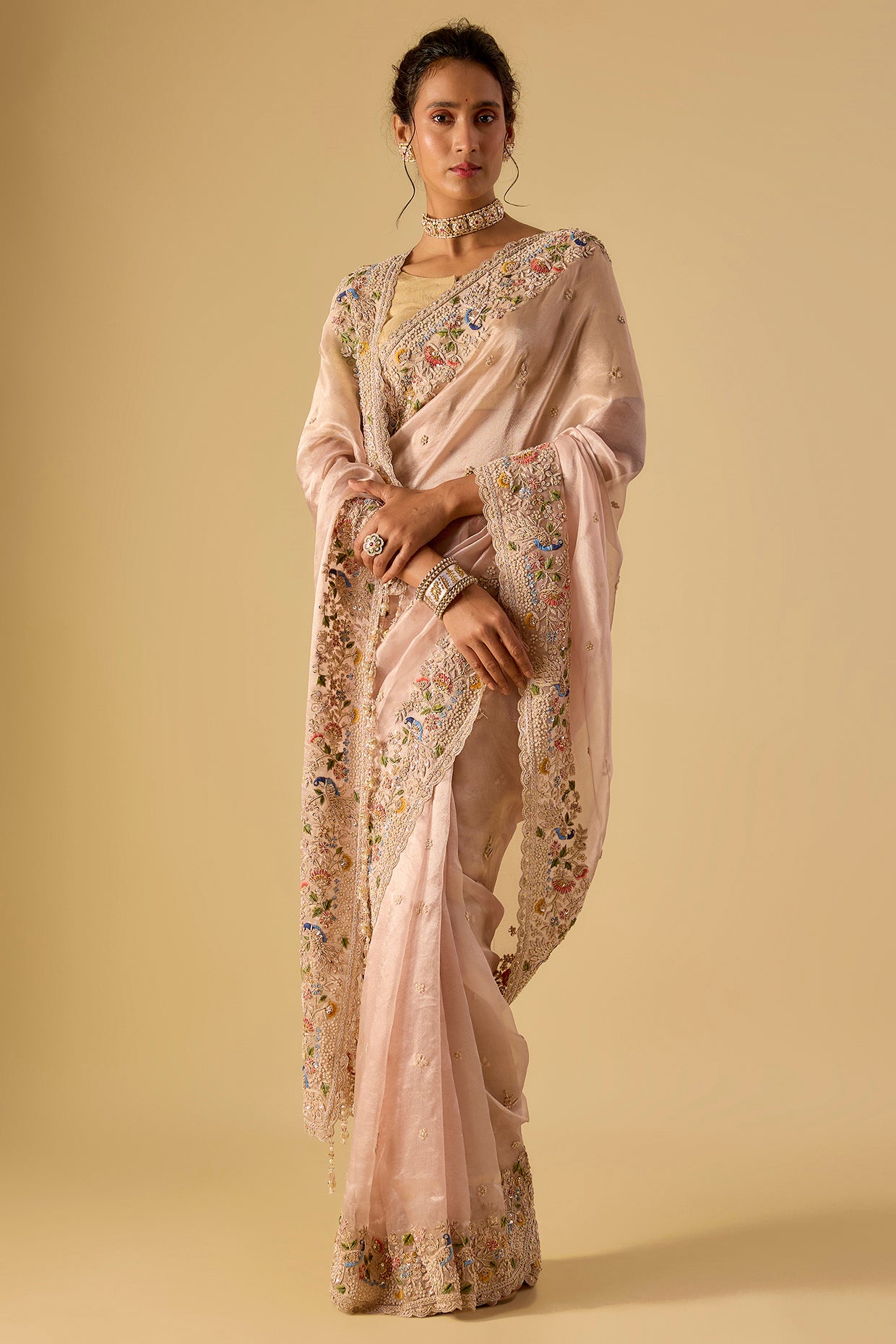 pink tissue hand & machine embroidered saree set