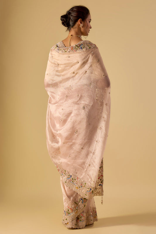 pink tissue hand & machine embroidered saree set