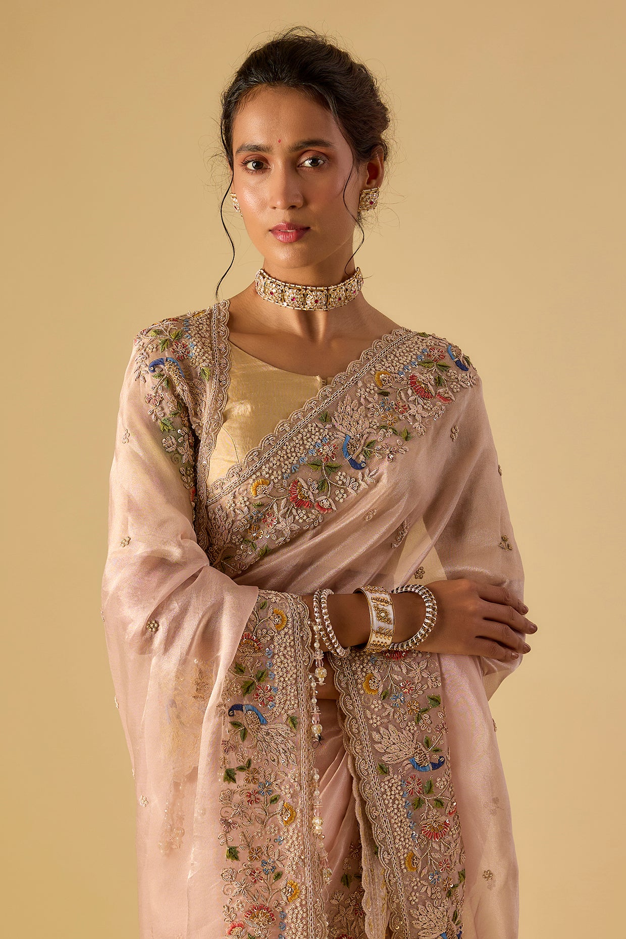 pink tissue hand & machine embroidered saree set